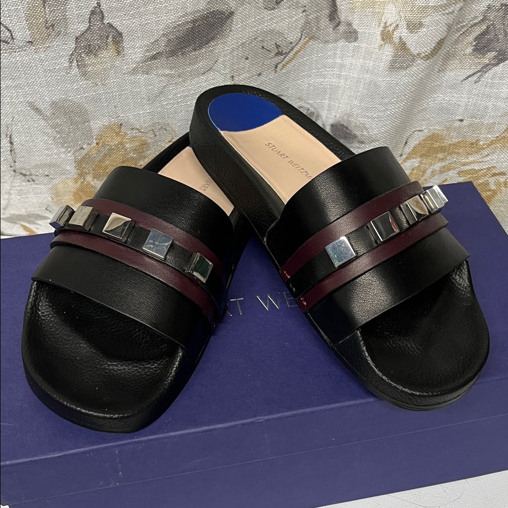 Stuart Weitzman Black and Burgundy Studded Sandals